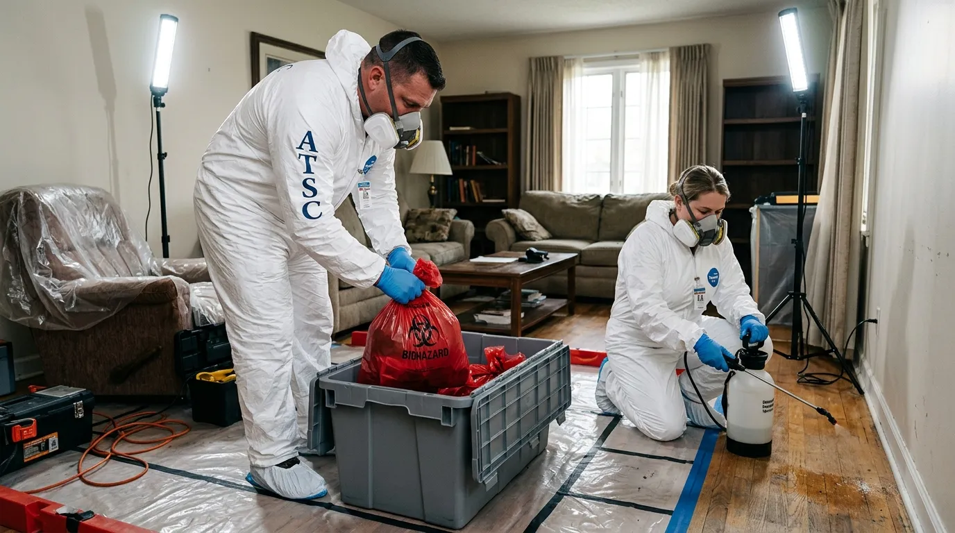 Professional Hoarding Cleanup technician in full PPE working in Saint Charles